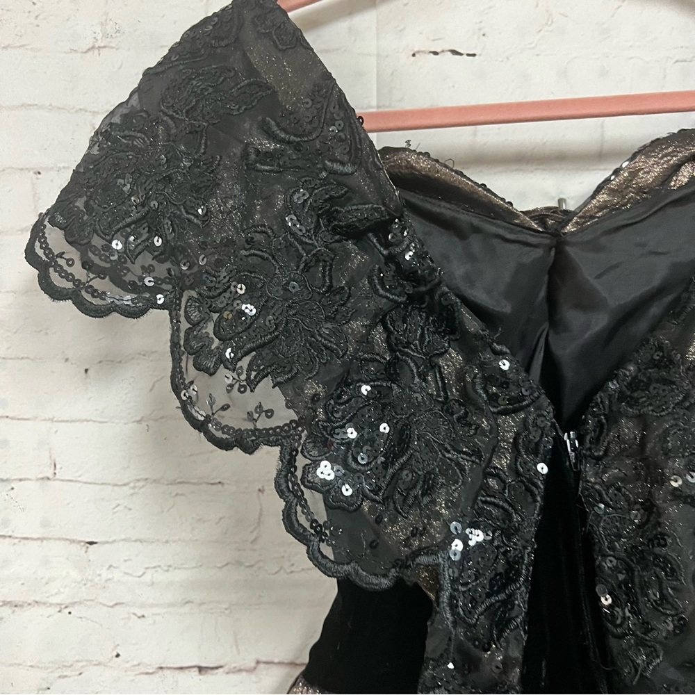 Vintage 1980’s Jessica McClintock Dress Size 6 Black Gold Velvet Metallic Full - Picture 12 of 14
